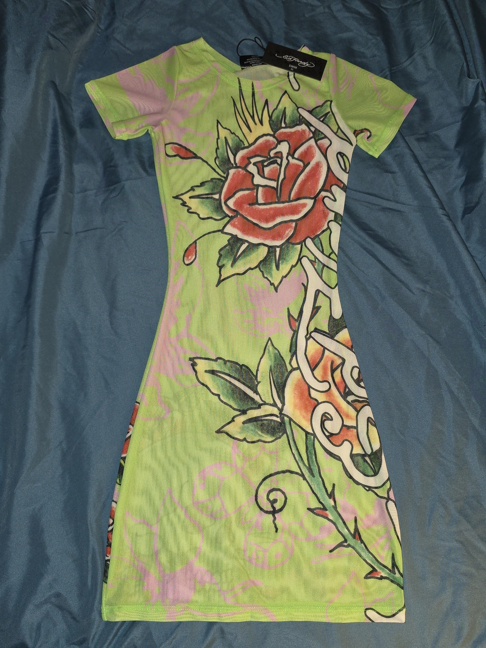 Ed Hardy Lime Green Floral Graphic Bodycon Mini Dress